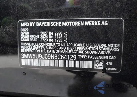 2022 BMW 3 Series M340I xDrive z USA, uszkodzony, nr VIN 3MW5U9J09N8C64129